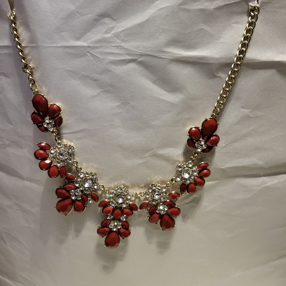 Vintage Red Floral Statement Choker Necklace - Gold Tone